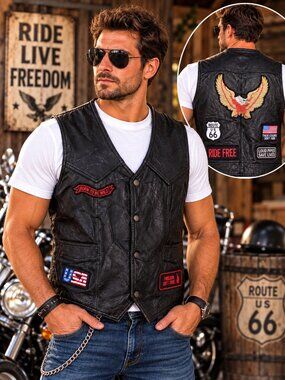 Diamond Plate Black Leather Motorcycle Vest Eagle Route 66 Biker Patches XXL